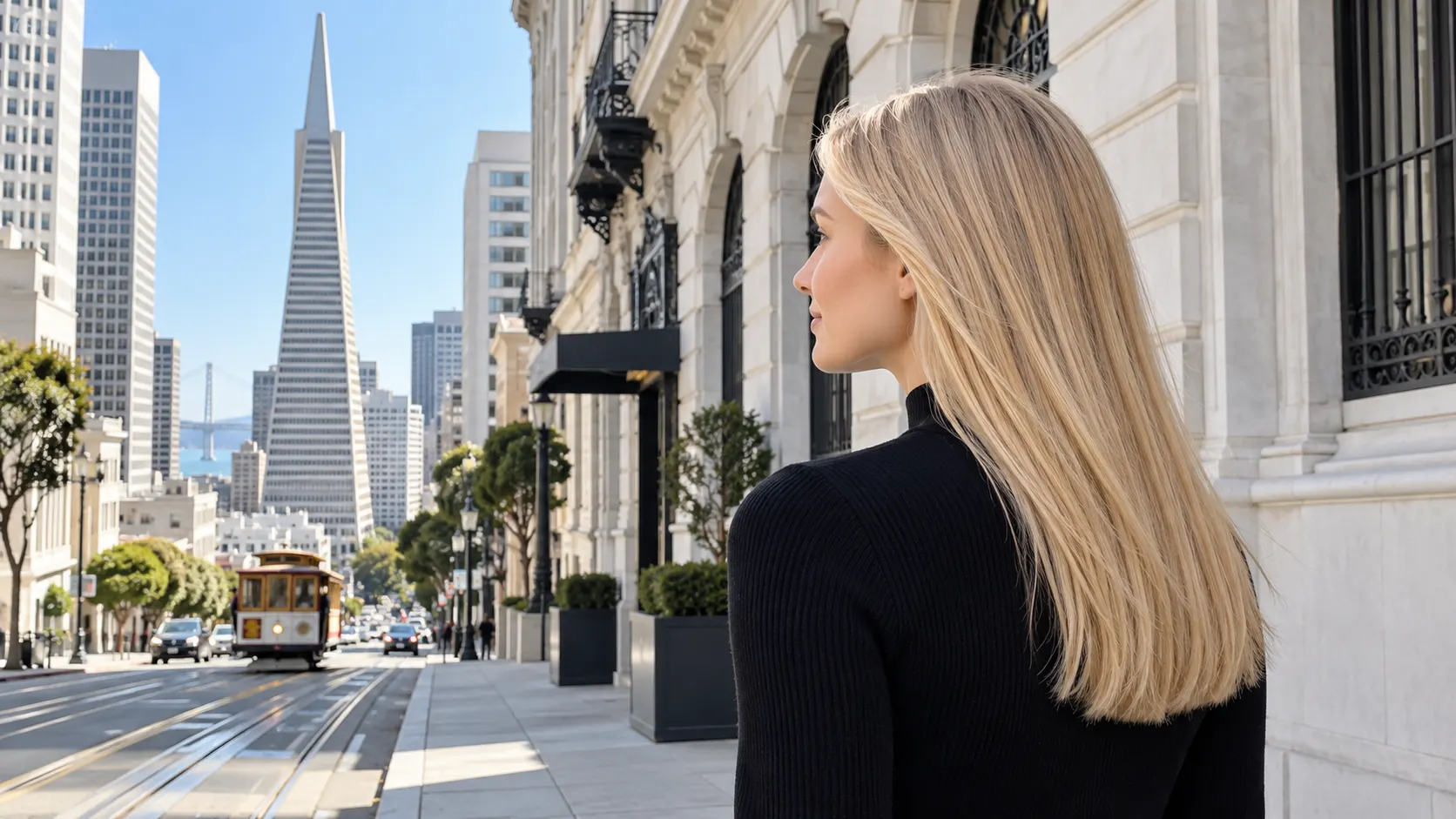 Woman with straight hair after Japanese Hair Straightening, downtown San Francisco